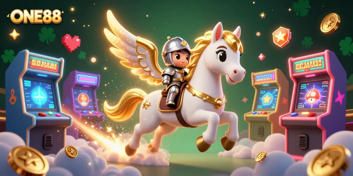 ONE88 offers vibrant casino gaming with a celestial knight and golden horse amidst arcade energy.
