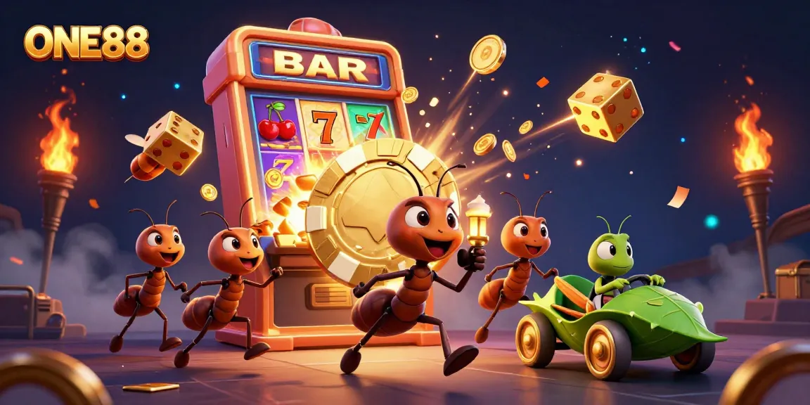 ONE88 themed 3D cartoon illustration of ants carrying a giant poker chip, surrounded by casino elements.