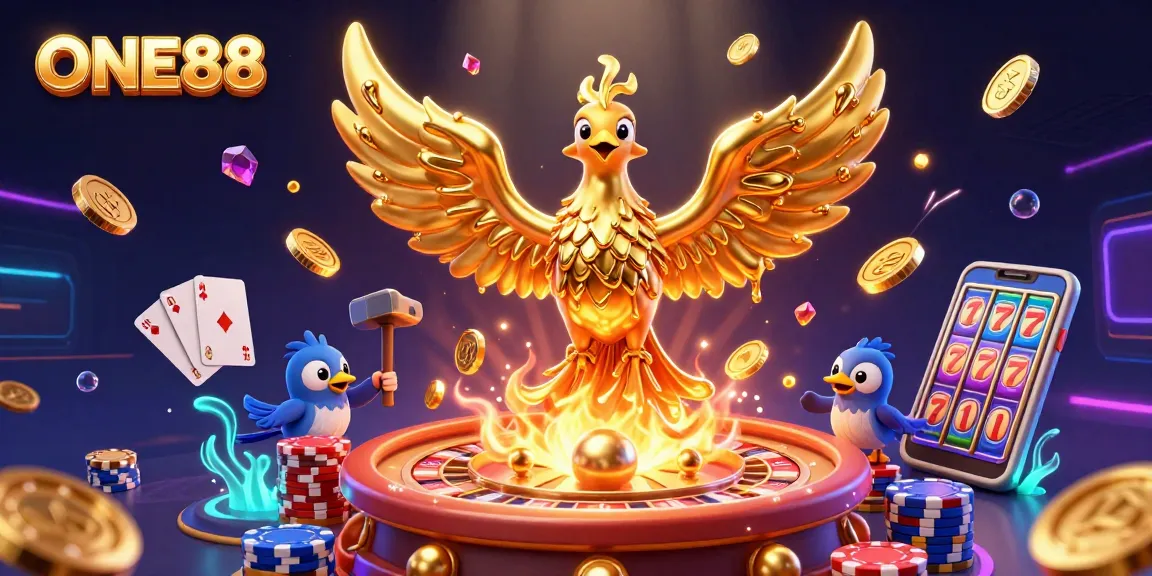 ONE88 showcases a molten metal phoenix emerging triumphantly, surrounded by vibrant casino elements.