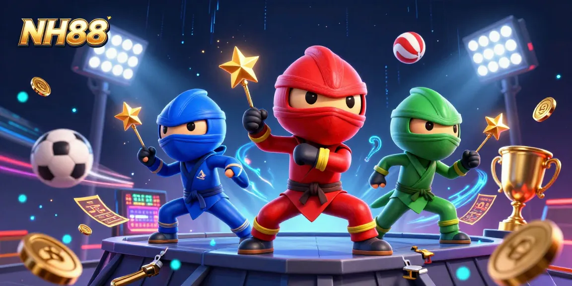 Experience the thrilling action of NH88 with a dynamic 3D casino scene featuring ninja chameleons and sports balls.