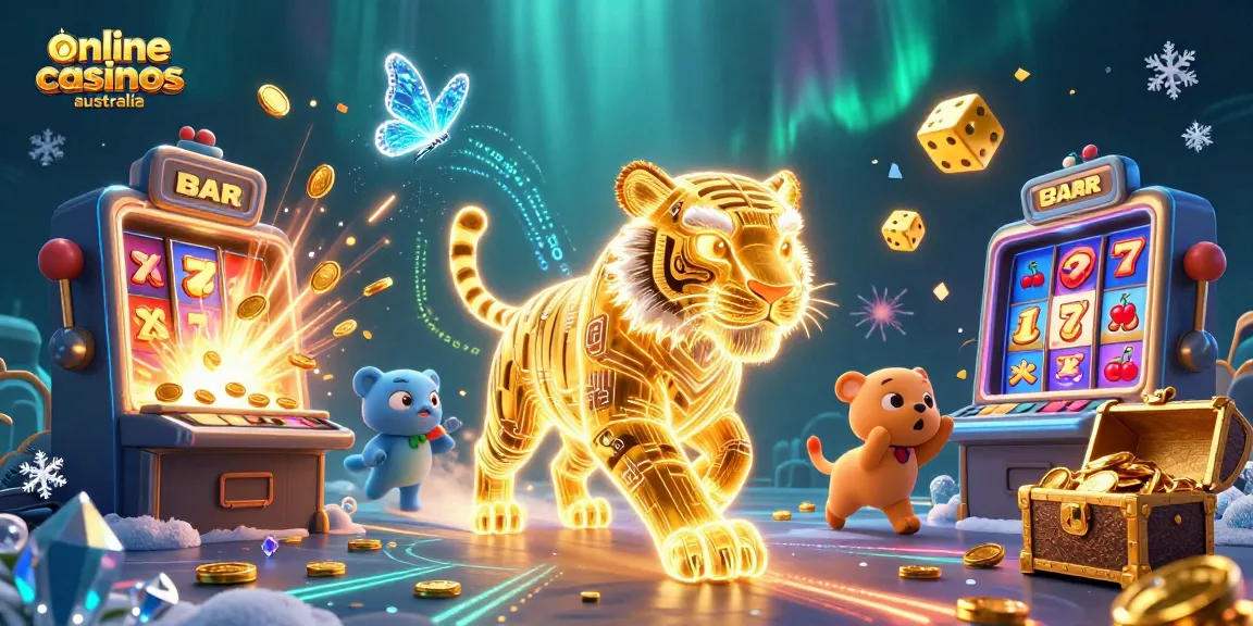 Experience vibrant online casinos Australia with a dazzling scene of a golden tiger and a jackpot explosion.