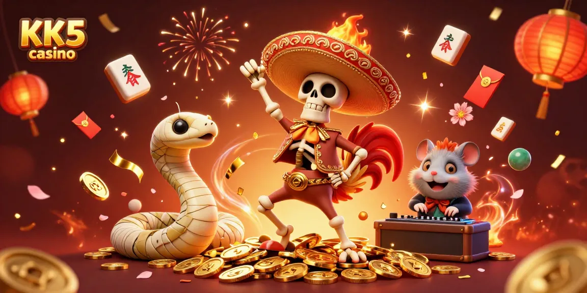 KK5 casino showcases a vibrant celebration scene with characters dancing on golden coins and festive elements.