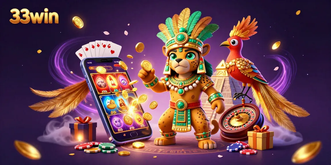 Experience the excitement of 33win with vibrant 3D gambling elements featuring slots, cards, and a Mayan priest.